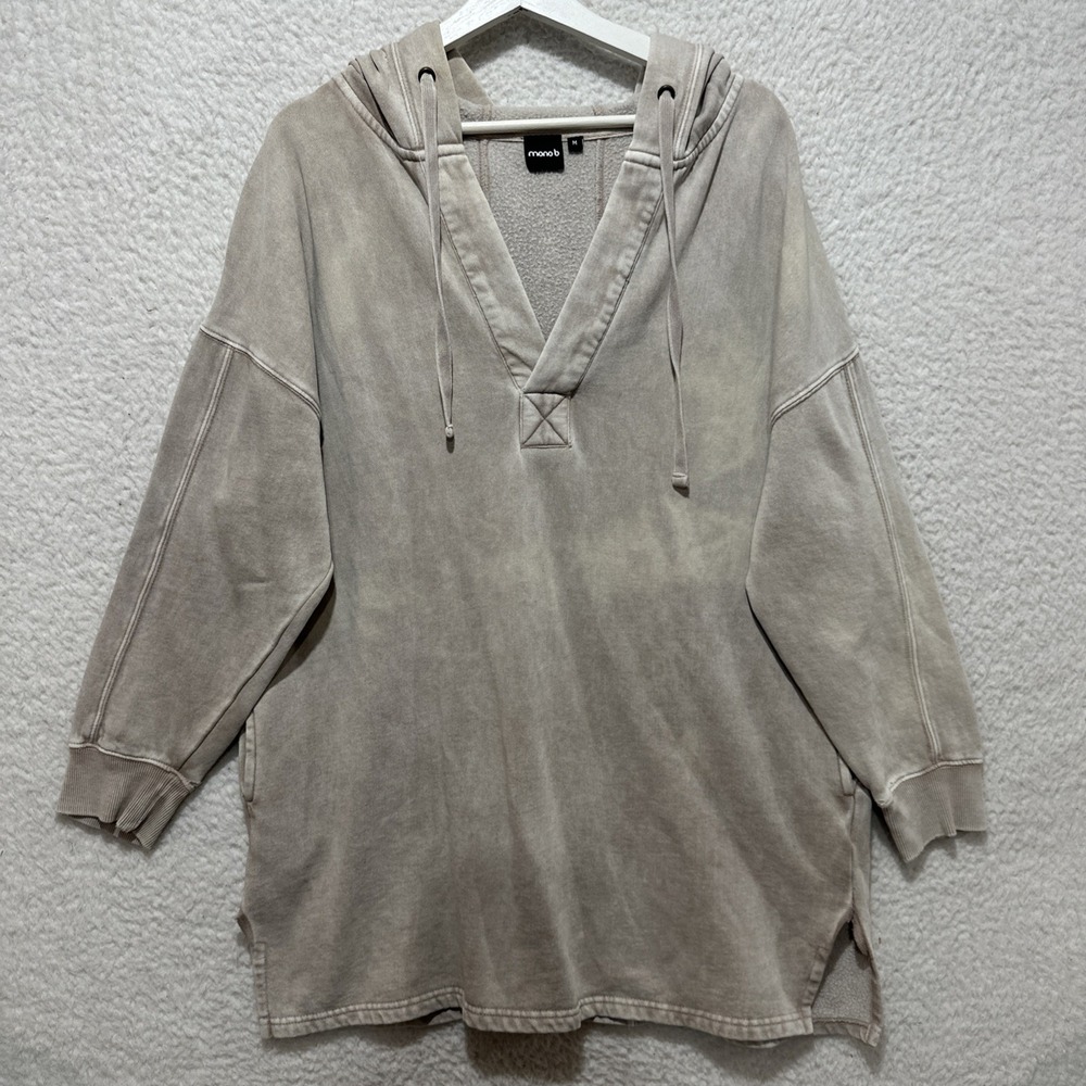 Mono B Women's Size M Longline Mineral Washed‎ Hoodie Side Pockets V-neckline